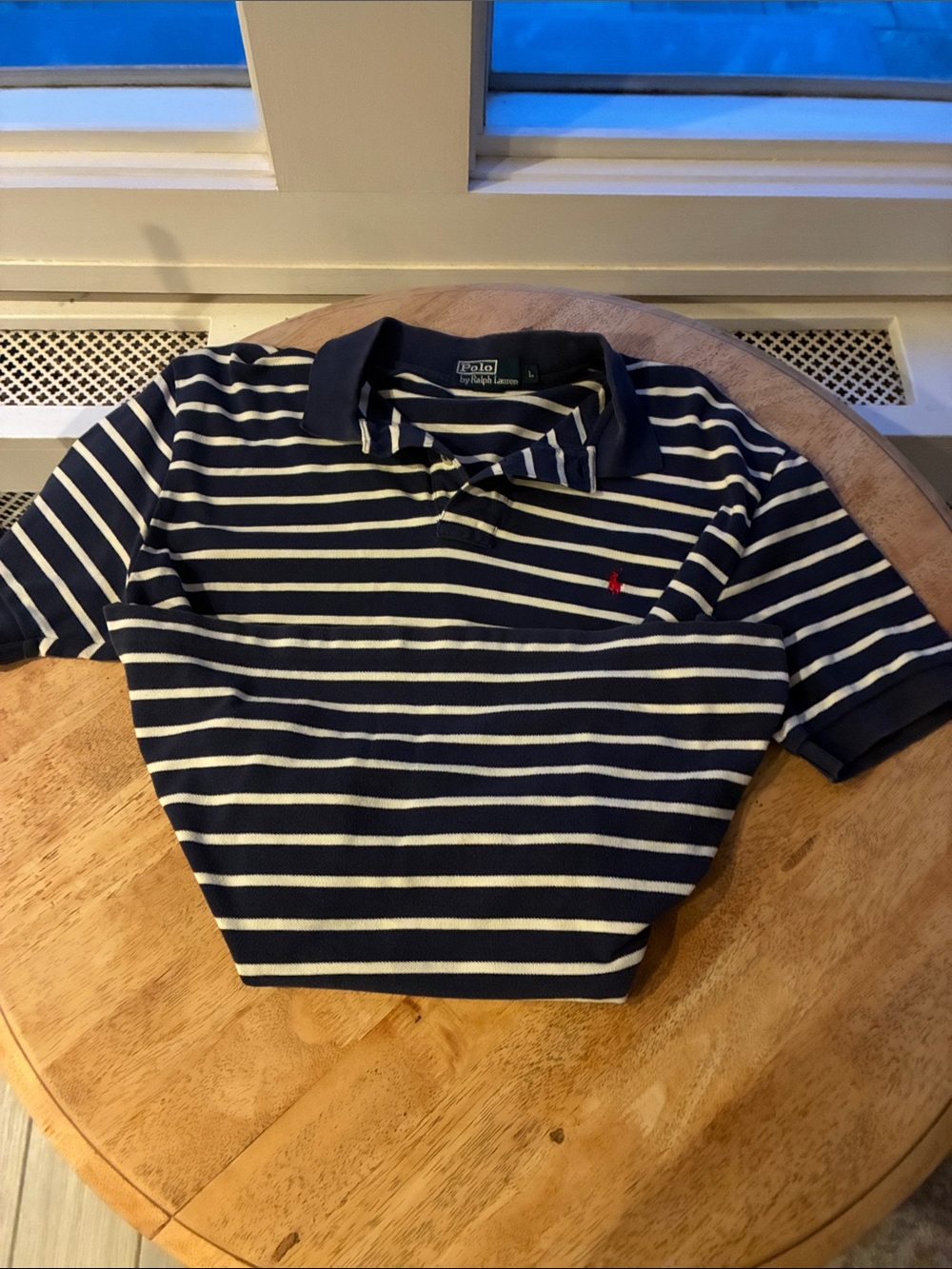 Classic Polo by Ralph Lauren Navy & White Striped Polo with Red Pony
